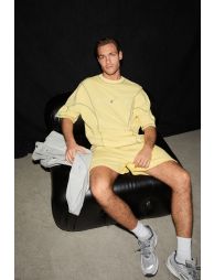 GRIMELANGE JACINTO Men's Crew Neck Cotton Oversized Yellow T-Shirt with Contrast Stitching and Print Details - 2