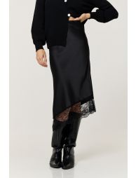 Black Satin Lace Trim Asymmetric Midi Skirt - 3