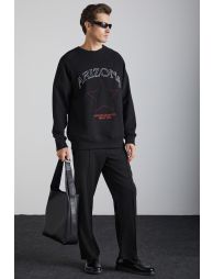 GRIMELANGE Domagoj Men's Organic Cotton Western Print Crew Neck Oversize Black Sweatshirt