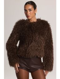 Mongolian Fur Jacket in Chocolate Brown - 3