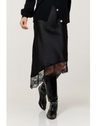 Black Satin Lace Trim Asymmetric Midi Skirt