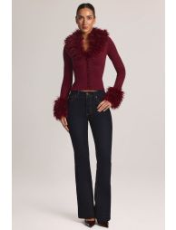 Mongolian Fur-Trim Cardigan in Wine