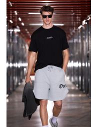 GRIMELANGE ASEREJE Men's 100% Organic Cotton Printed Detail Double Pocket Drawstring Short in Heather Gray
