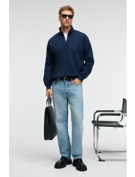 GRIMELANGE BAXTER Men's Stand Collar Zippered Relaxed Navy Sweatshirt
