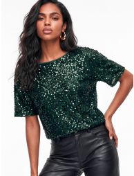 Lovedrobe Emerald Embellished Velvet Short Sleeve Boxy Top - 2