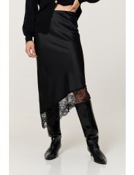 Black Satin Lace Trim Asymmetric Midi Skirt - 1
