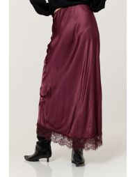 Burgundy Satin Lace Hem Maxi Skirt - 3