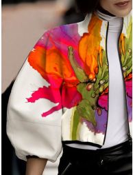 Loose Puff Sleeves Asymmetric Floral Printed Split-Joint High Neck Outerwear - 2