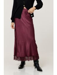 Burgundy Satin Lace Hem Maxi Skirt - 4