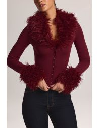 Mongolian Fur-Trim Cardigan in Wine - 1