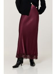 Burgundy Satin Lace Hem Maxi Skirt