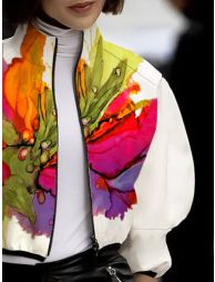 Loose Puff Sleeves Asymmetric Floral Printed Split-Joint High Neck Outerwear - 3