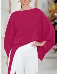 Batwing Sleeves Loose Solid Color Split-Joint Round-Neck Blouses - 1