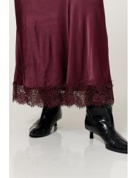 Burgundy Satin Lace Hem Maxi Skirt - 1