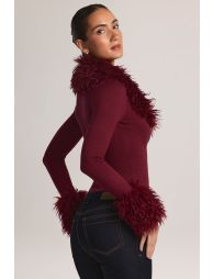 Mongolian Fur-Trim Cardigan in Wine - 2