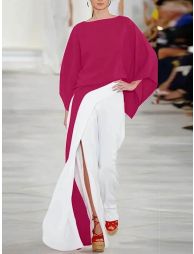 Batwing Sleeves Loose Solid Color Split-Joint Round-Neck Blouses