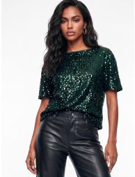 Lovedrobe Emerald Embellished Velvet Short Sleeve Boxy Top - 3