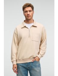GRIMELANGE AUGUST Men's 100% Cotton Half-Zip Collar Pocket Decorative Tag Beige Sweatshirt - 2