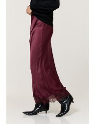 Burgundy Satin Lace Hem Maxi Skirt - 2