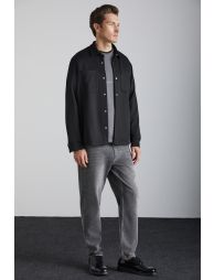 GRIMELANGE JACQUARD Men's Regular Fit Standard Cut Classic Collar Patterned Snap Button Black Jacket