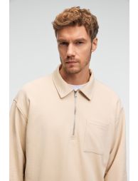 GRIMELANGE AUGUST Men's 100% Cotton Half-Zip Collar Pocket Decorative Tag Beige Sweatshirt - 3