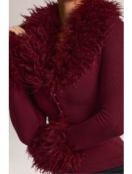 Mongolian Fur-Trim Cardigan in Wine - 4