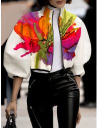 Loose Puff Sleeves Asymmetric Floral Printed Split-Joint High Neck Outerwear