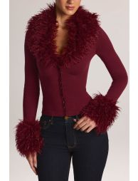 Mongolian Fur-Trim Cardigan in Wine - 5