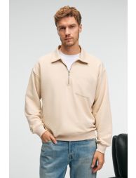 GRIMELANGE AUGUST Men's 100% Cotton Half-Zip Collar Pocket Decorative Tag Beige Sweatshirt - 1