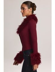 Mongolian Fur-Trim Cardigan in Wine - 3