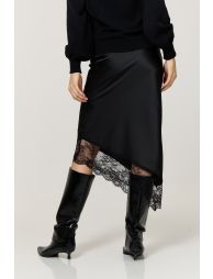 Black Satin Lace Trim Asymmetric Midi Skirt - 2