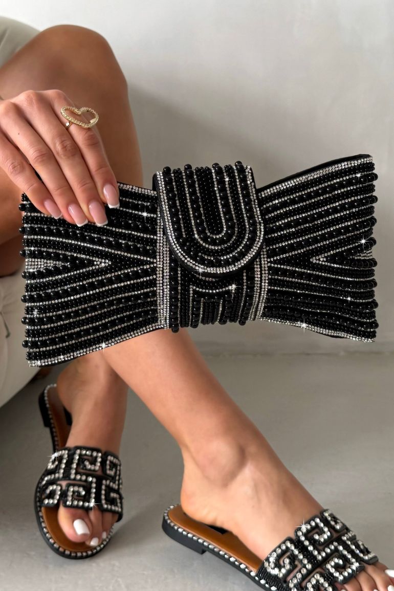 Lemonade Sparkly Pearl Bow Clutch Bag Black - 8