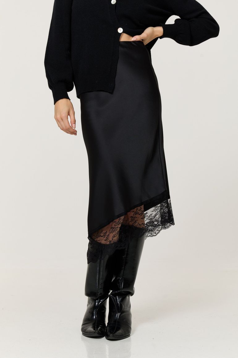 Black Satin Lace Trim Asymmetric Midi Skirt - 3