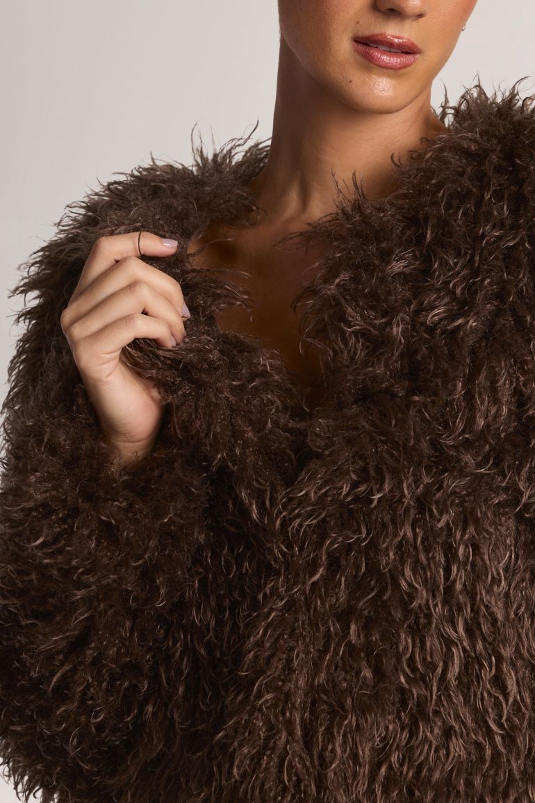 Mongolian Fur Jacket in Chocolate Brown - 5