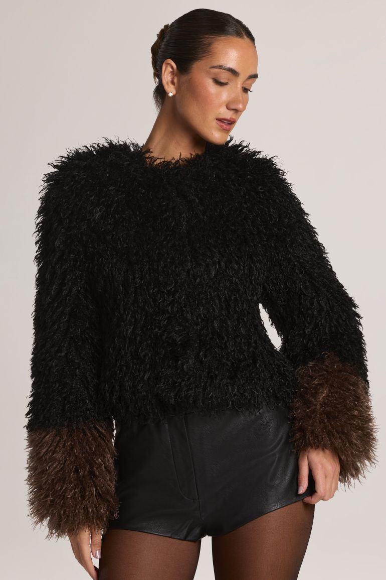 Mongolian Fur Jacket in Black - 5
