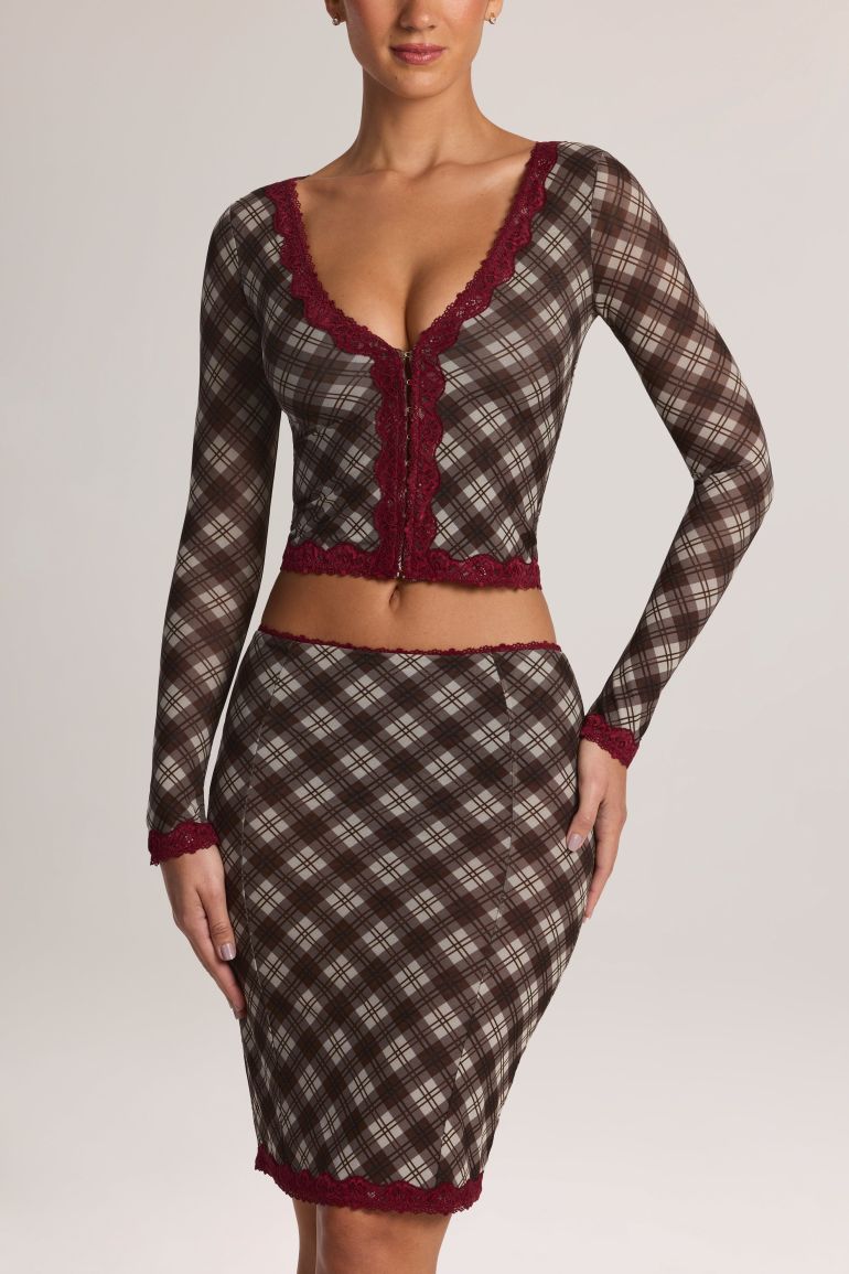 Lace-Trim Low-Rise Midi Skirt in Diagonal Check Print - 4