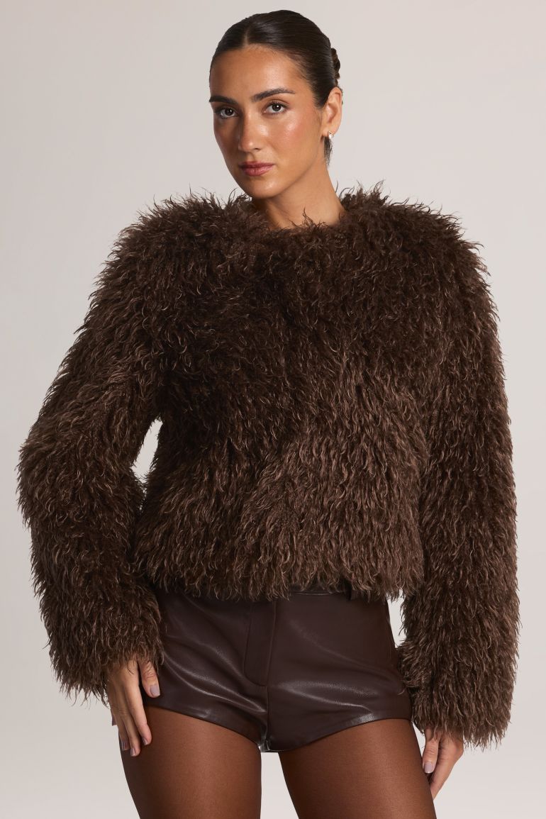 Mongolian Fur Jacket in Chocolate Brown - 3
