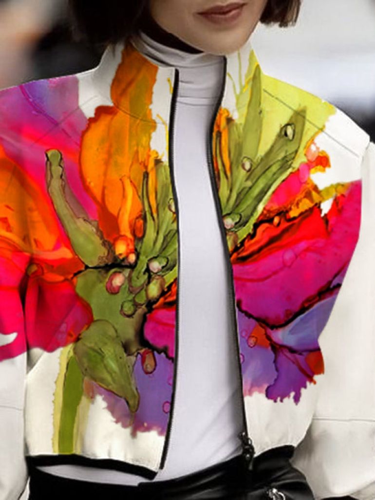 Loose Puff Sleeves Asymmetric Floral Printed Split-Joint High Neck Outerwear - 1