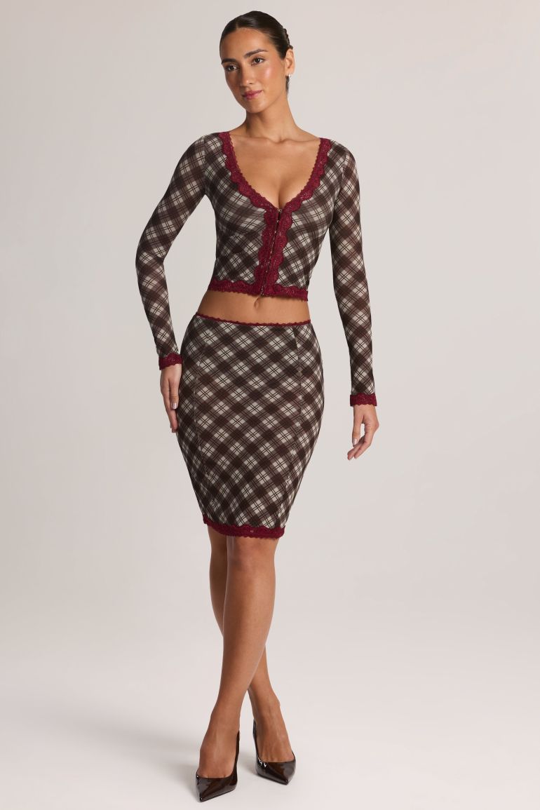 Lace-Trim Low-Rise Midi Skirt in Diagonal Check Print - 8