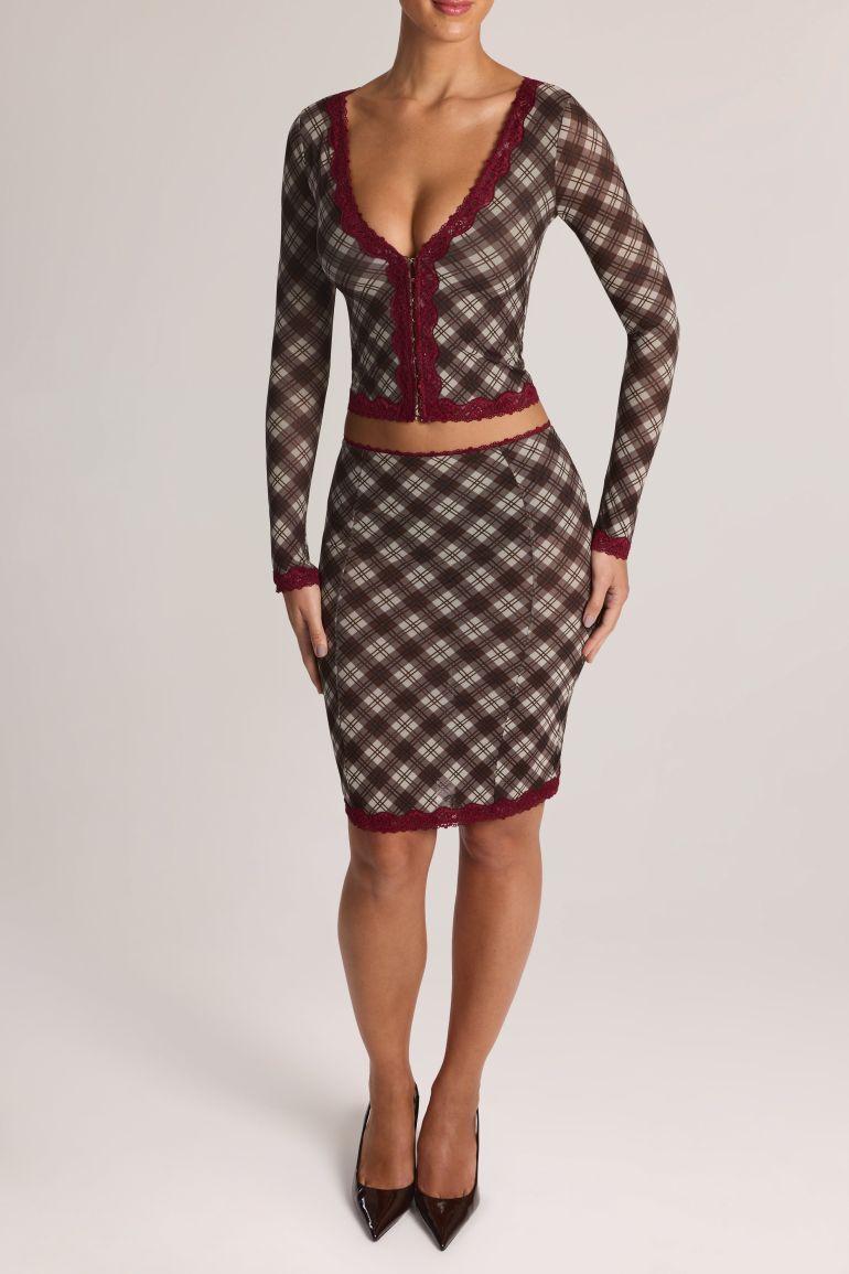 Lace-Trim Low-Rise Midi Skirt in Diagonal Check Print - 1