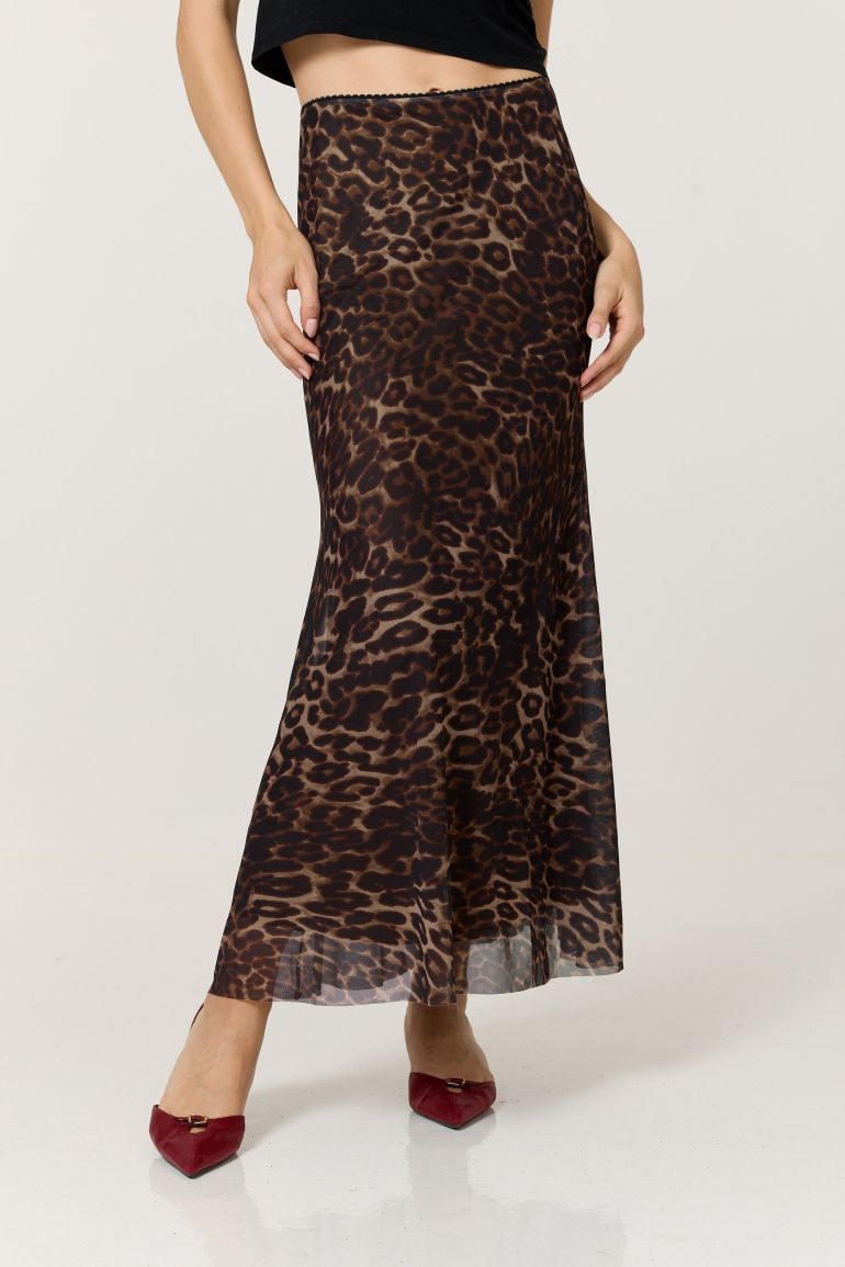 Brown Leopard Print Mesh Maxi Skirt - 6