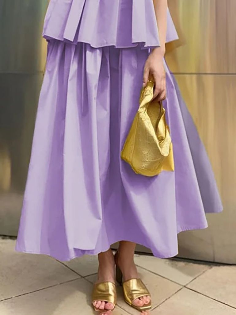 A-Line Loose Pleated Pockets Solid Color Skirts Bottoms - 1