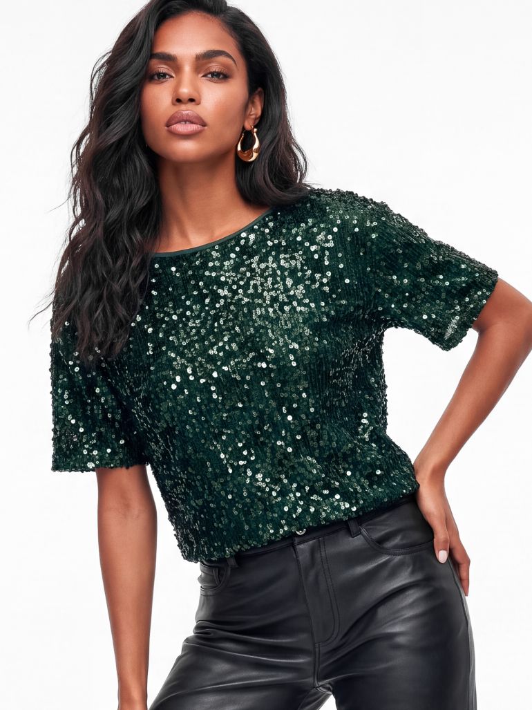 Lovedrobe Emerald Embellished Velvet Short Sleeve Boxy Top - 2