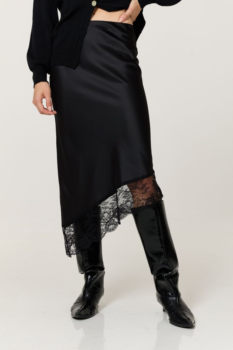 Black Satin Lace Trim Asymmetric Midi Skirt - 1