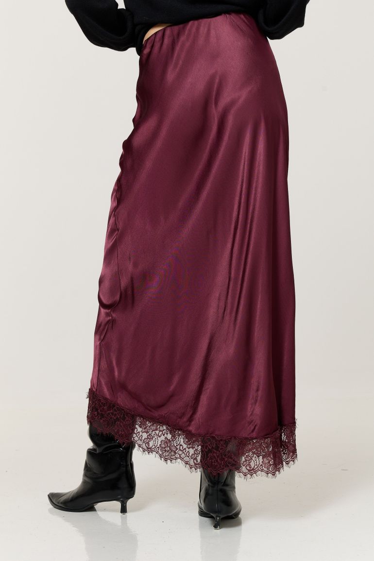 Burgundy Satin Lace Hem Maxi Skirt - 3