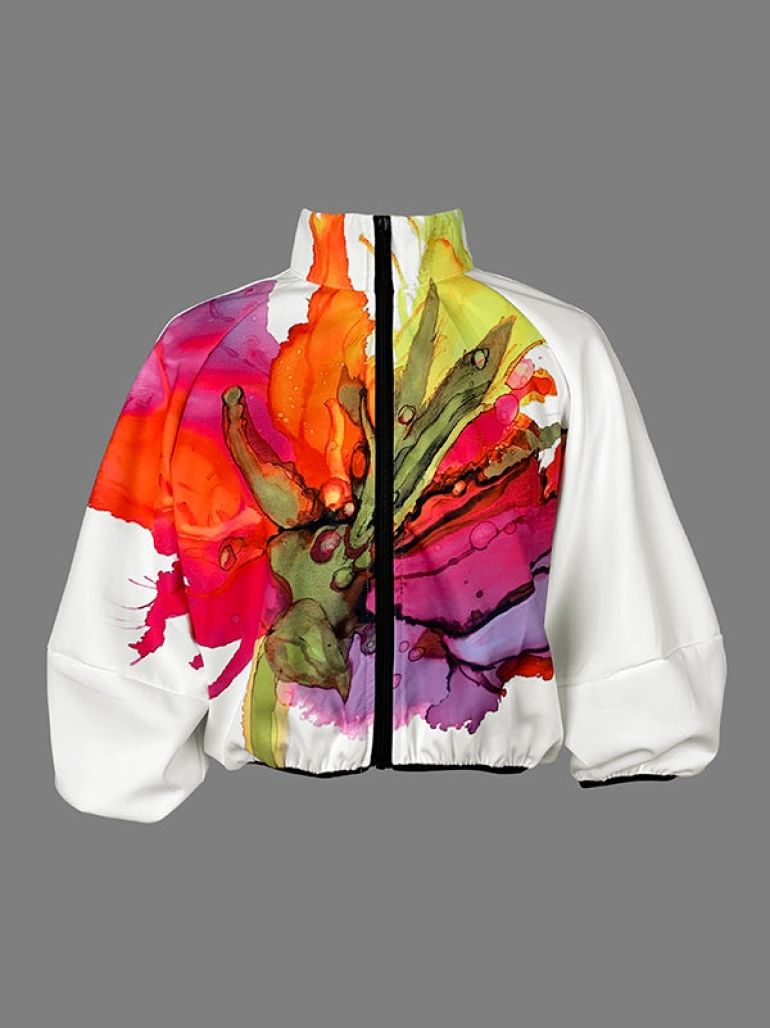 Loose Puff Sleeves Asymmetric Floral Printed Split-Joint High Neck Outerwear - 4