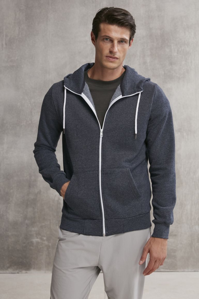 GRIMELANGE CORE Men's Zip-Up High Collar Hooded Drawstring Fleece-Lined Navy Sweatshirt - 1