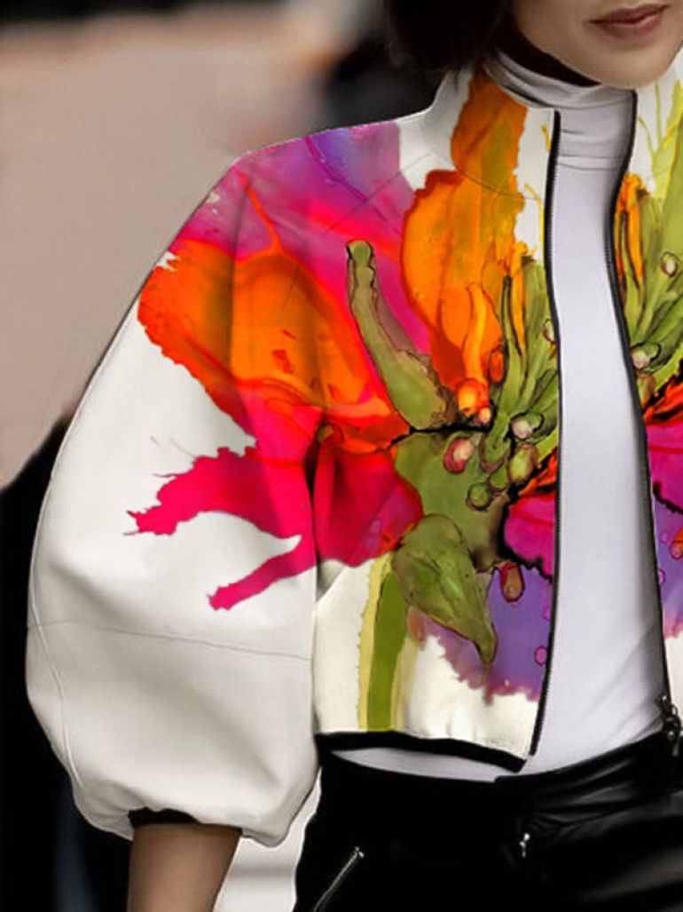 Loose Puff Sleeves Asymmetric Floral Printed Split-Joint High Neck Outerwear - 2
