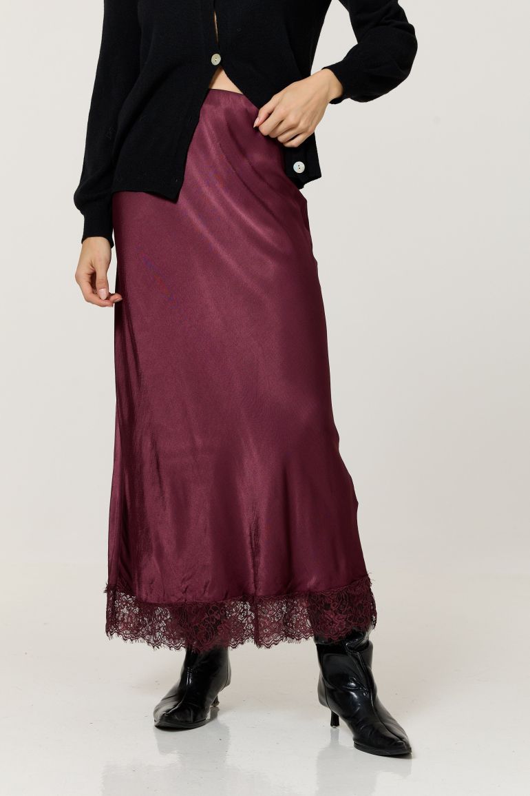 Burgundy Satin Lace Hem Maxi Skirt - 4