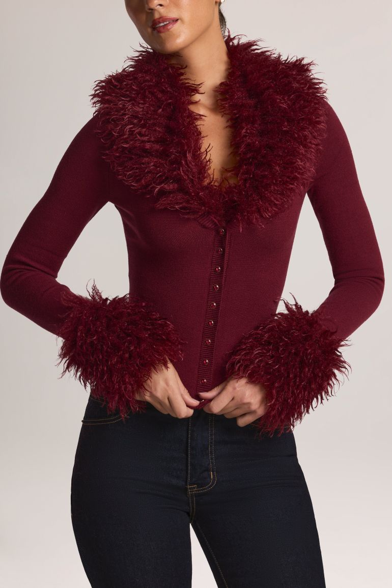 Mongolian Fur-Trim Cardigan in Wine - 1